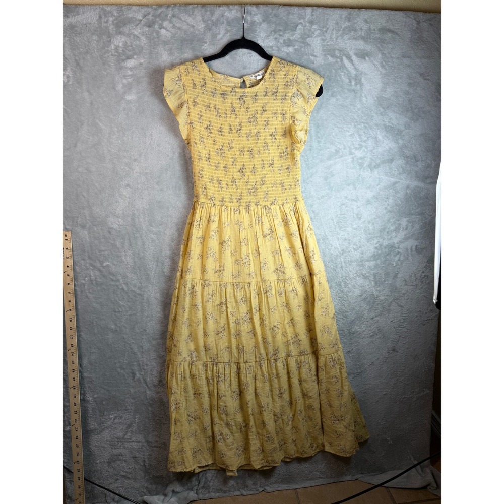 BY THE RIVER Maxi Dress Women M Yellow Floral Smocked Tiered Cottagecore